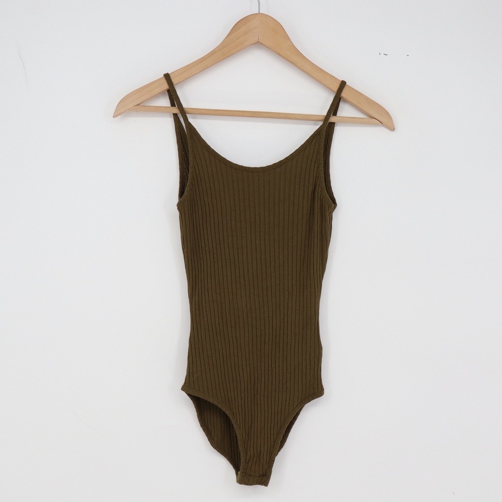 Out From Under Bodysuit Womens M Ribbed Knit Olive Green Low Back Excellent